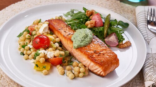 Mary In A Minute: Seared Salmon with Goat Cheese Herb Sauce Mary In A Minute: Seared Salmon with Goat Cheese Herb Sauce
