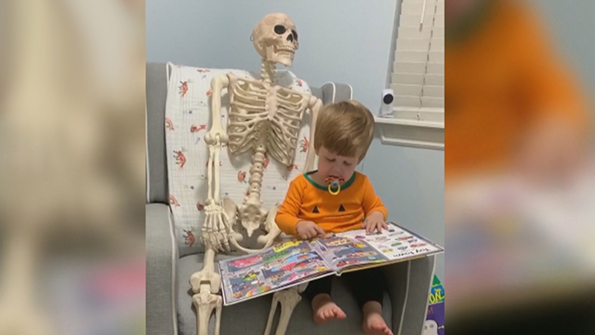 Some kids have blankets or teddy bears, this one carries around a skeleton