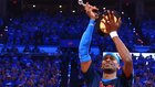 Canadian Shai Gilgeous-Alexander is awarded the Kia MVP award by NBA commissioner Adam Silver before Game 2 of the Western Conference...